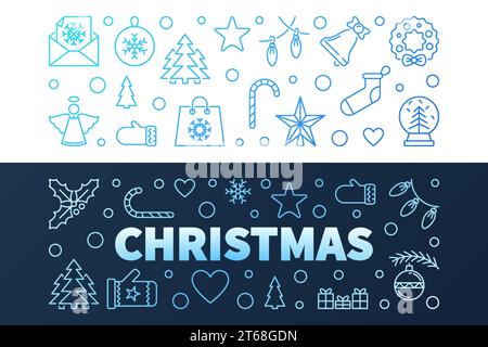 Bannières modernes bleues de Noël dans le style de contour. Vector Xmas illustration de concept créatif Illustration de Vecteur