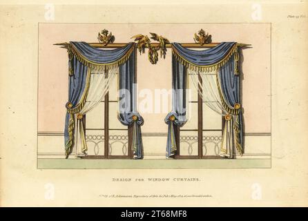 Rideaux de fenêtre de l'époque Regency. Draperies en bleu et blanc avec des nénuphars aux couleurs royales françaises, aigles russes au-dessus des tringles de rideaux, colombes aux guirlandes de Laurier pour symboliser la victoire sur Napoléon. Conçu et fabriqué par Thomas Morgan et Joseph Sanders, Catherine Street, Strand, 1814. Gravure en plaques de coperplate de couleur main provenant du dépôt de tapisseries et de tapisseries de l'ameublement, composée de soixante-dix-six dessins de meubles modernes et à la mode, Rudolph Ackermann, Londres, 1830. Banque D'Images