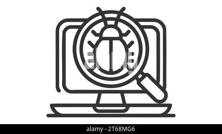Icône vectorielle noire d'une loupe mettant l'accent sur un virus sur un écran d'ordinateur. Illustration de Vecteur