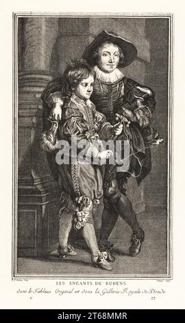 Un garçon jouant avec un oiseau attaché à un perchoir avec une ficelle. L'autre garçon tient un livre et un gant. D'après un tableau de Peter Paul Rubens. Les enfants de Rubens, dont le Tableau Original est dans la Gallerie Royale de Dresde. Lithographie de Henry Rene dAllemagnes Recreations et passe-temps, Jeux et passe-temps, Hachette, Paris, 1906. Banque D'Images