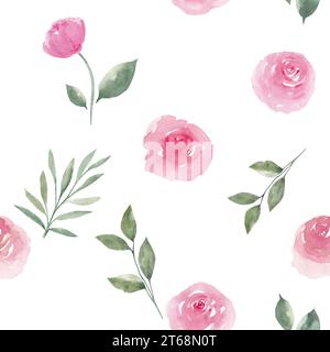 Roses pivoines roses poussiéreuses avec des feuilles vertes motif sans couture. Tuile botanique pour literie, papier d'emballage, tissus, textile, scrapbooking, papeterie Banque D'Images