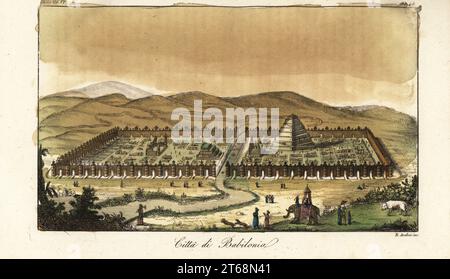 Vue de la ville de Babylone, montrant la ville antique avec la Tour de Babel et les jardins suspendus. Citta di Babilonia. Gravure sur cuivre coloriée à la main par B. Andrei de Giulio Ferrarios costumes ancien et moderne des peuples du monde, il Costume Antico e Moderno, Florence, 1847. Banque D'Images