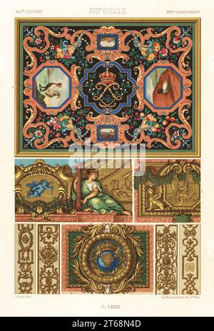 Mosaïques et peintures, 17e siècle. Fragment d'un plafond à Versailles peint par Pierre Mignard 1, fragment d'un grand escalier à Versailles par Charles le Brun 2, fragment d'une grande galerie à Versailles par Charles le Brun 3, dessin d'un plateau en mosaïque de marbre par Robert de Cotte 4, et des bordures peintes par Daniel Marot pour une maison de la rue de Beaune. XVIIme Siecle. Chromolithographie finie à la main par F. Durin de Albert-Charles-Auguste ratinettes LOrnage Polychrome, (ornement polychromatique), Firmin-Didot, Paris, 1869-73. Banque D'Images
