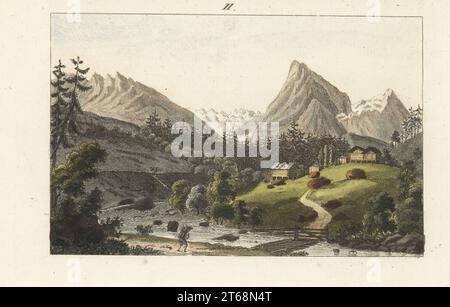 Vue sur le glacier Rosenlaui dans les Alpes bernoises, Suisse. Le Glacier de Rosenlawin ou l'avalanche des roses. D'après une peinture de paysage de Gabriel Lory. Gravure sur cuivre colorée à la main de Carl Bertuch's Bilderbuch fur Kinder (Livre d'images pour enfants), Weimar, 1813. Une encyclopédie pour enfants en 12 volumes illustrée de près de 1 200 planches gravées sur l'histoire naturelle, la science, le costume, la mythologie, etc., publié de 1790 à 1830. Banque D'Images