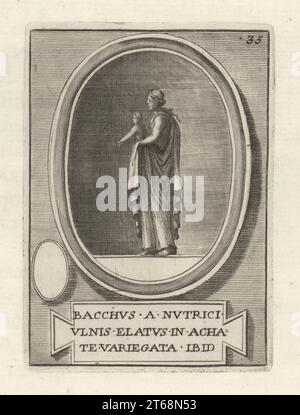 Une infirmière tenant le dieu romain du vin Bacchus. Selon la légende, il aurait été élevé par des Muses ou nymphes à Nysa, en Inde. Dans la religion étrusque, Fufluns Pacha ou Puphluns, dieu du vin, de la vie végétale, du bonheur et de la santé. D'une gemme d'agate panachée. Bacchus a Nutriciulnis Elatus in Achate Variegata Ibid Gravure sur cuivre de Francesco Valesio, Antonio Gori et Ridolfino Venutis Academia Etrusca, Musée Cortonense in quo Vetera Monumenta, (Académie étrusque ou Musée de Cortona), Faustus Amideus, Rome, 1750. Banque D'Images