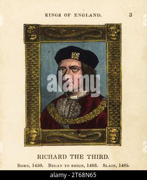 Portrait du roi Richard le troisième, Richard III d'Angleterre, né en 1450, a commencé le règne 1483 et est mort en 1485. En casquette, double avec bordure en fourrure, chaîne dorée, dans le cadre orné. Gravure faite à la main par Cosmo Armstrong de Portraits et personnages des rois d'Angleterre, de William le Conquérant à George le troisième, John Harris, Londres, 1830. Banque D'Images