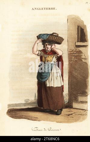 Fishwife au Billingsgate Market, Londres, années 1800 Fishwoman avec panier de poisson frais sur sa tête, colportant ses marchandises. Vendeuse de poissons. Gravure sur cuivre coloriée à la main d'après une illustration de William Alexander de J-B. Eyries l'Angleterre ou costumes, Moeurs et usages des Anglais, England : costumes, Manners and Mores of the English, Librairie de Gide fils, Paris, 1821. Jean-Baptiste Eyries (1767-1846) était un géographe, auteur et traducteur français. Banque D'Images