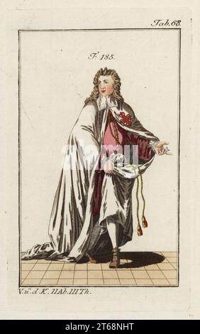 Chevalier de l'ordre de Calatrava en robes cérémonielles de manteau blanc et habit rouge. Fondée en Castille au 12e siècle comme branche militaire espagnole des Cisterciens. Copie d'une illustration de Christoph Weigel dans Philipp Bonannis Ritter-Ordern, 1728. Gravure sur cuivre coloriée à la main d'après l'image historique des costumes du peuple principal de l'Antiquité et du Moyen âge de Robert von Spalart, Vienne, 1802. Banque D'Images