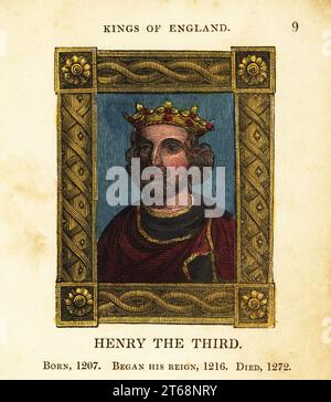 Portrait du roi Henri le troisième, Henri III d'Angleterre, né en 1207, a commencé le règne 1216 et est mort en 1272. En couronne, cape avec col doré dans cadre orné. Gravure faite à la main par Cosmo Armstrong de Portraits et personnages des rois d'Angleterre, de William le Conquérant à George le troisième, John Harris, Londres, 1830. Banque D'Images