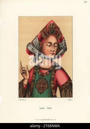 Buste d'une femme de la fin du xve siècle. Elle porte la mode allemande de l'époque, et d'un turban de velours rouge, décoré d'un ange doré brooch et attachés à un ruban blanc. Détail d'une peinture à l'huile montrant le prédicateur Saint Jean de Capistrano. Chromolithographie de Hefner-Alteneck les costumes, Œuvres et appareils du Moyen-Âge au 17ème siècle, Francfort, 1889. Illustration par le Dr Jakob Heinrich von Hefner-Alteneck, lithographiée par I. M. Le Dr Hefner-Alteneck (1811 - 1903), était un conservateur de musée, archéologue, historien de l'art, illustrateur et graveur. Banque D'Images