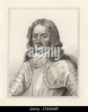 Sir Henry Gage, soldat royaliste anglais et gouverneur d'Oxford, 1597-1645. Avec cheveux longs, moustache, cuirasse et armure. Colonel Gage. D'après un dessin de John Bullfinch. Gravure sur cuivre de Samuel Woodburns Gallery of rare Portraits consistant en plaques originales, George Jones, 102 St Martins Lane, Londres, 1816. Banque D'Images