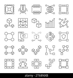 Jeu d'icônes de ligne mince de technologie blockchain. Vector Block Chain concept signes linéaires sur fond blanc Illustration de Vecteur