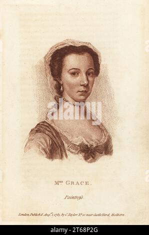 Mme Mary Grace, portraitiste autodidacte et copiste géorgien anglais, élue à la Incorporated Society of Artists en 1769, est décédée vers 1800. Gravure sur stipple en cuivre d'après un autoportrait de Francis Fitzgeralds The Artists Repository and Drawing Magazine, Charles Taylor, Londres, 1785. Banque D'Images