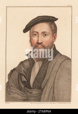 Portrait d'un inconnu, cour du roi Henri VIII, c. 1532. Peut-être Sir Ralph Sadler, 15071587 ans, homme d'État anglais, qui a été conseiller privé, secrétaire d'État et ambassadeur en Écosse. Gravure sur stipple en cuivre coloriée à la main par James Minasi d'après un portrait de Hans Holbein le Jeune à partir d'imitations de dessins originaux de Hans Holbein, John Chamberlaine, Londres, 1812. Banque D'Images