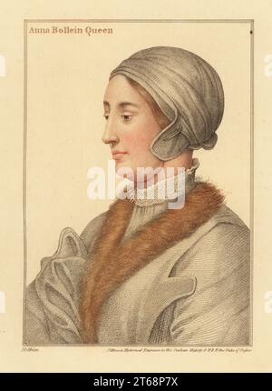 La reine Anne Boleyn, seconde épouse du roi Henri VIII, 1501-1536. Anna Bollein Queen. Semble montrer une tumeur sous son menton comme rapporté par Sanders. Gravure sur stipple en cuivre coloriée à la main par James Minasi d'après un portrait de Hans Holbein le Jeune à partir d'imitations de dessins originaux de Hans Holbein, John Chamberlaine, Londres, 1812. Banque D'Images