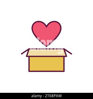 Boîte en carton jaune avec icône vectorielle cœur rouge. Affiche créative Saint-Valentin Illustration de Vecteur