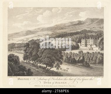 Vue sur Bolton Hall, North Riding of Yorkshire, siège de l'amiral Harry Powlett, 6th duc de Bolton, 1720-1794. Construit en 1678 pour le duc de 1st, Charles Paulet. Afficher les parcs, le pâturage du bétail, les bois et le lac. Gravure sur plaque de coperplate par Michael Angelo Rooker après une illustration par Paul Sandby du magazine Copper plate ou Monthly Treasure, G. Kearsley, Londres, 1 juin 1775. Banque D'Images