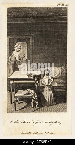 Une jeune fille pleure pendant qu'un serviteur balaie le sol. Un capot et un manteau sales reposent sur la table et la chaise. O! La Slovénie est une mauvaise chose. PL. 1, vol. 1. Gravure sur plaque de coperplate de William Blake d'après une illustration de Daniel Nikolaus Chodowiecki de la traduction de Mary Wollstonecraft des éléments de moralité de Christian Gotthilf Salzmann, Londres, 1791. Banque D'Images