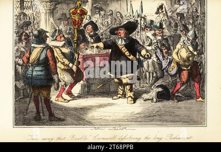 Oliver Cromwell retire la masse de la Chambre des communes et dissout le Parlement croupion en 1653. Derrière lui, un groupe de Roundheads arrête un cavalier. Enlève cette boule. Cromwell dissout le long Parlement. Gravure sur acier colorée à la main d'après une illustration de John Leech de Gilbert Abbott ABecketts Comic History of England, Bradbury, Agnew & Co., Londres, 1880. Banque D'Images