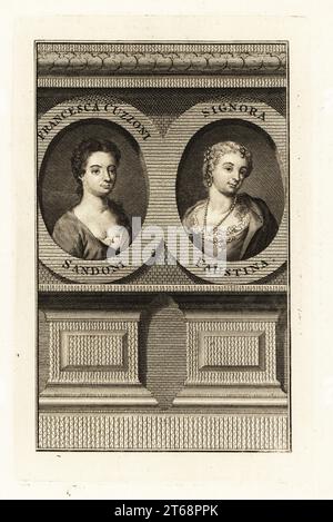 Francesca Cuzzoni (1696-1778), soprano italienne, et Faustina Bordoni (1697-1781), mezzo soprano italienne. Quand ils apparaissent ensemble dans Giovanni Bononcinis Astianatte au Kings Theatre, Haymarket, Londres, en 1727, une émeute se produit entre leurs fans rivaux. Gravure sur cuivre d'après des portraits d'Enoch Seeman (Cuzzoni) et Rosalba Carriera (Bordoni) publiés à Londres, années 1790 Banque D'Images