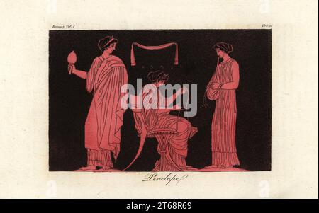 Une représentation de Pénélope, épouse d'Odysseus, avec ses préposés. Penelope est assise sur une chaise au travail sur un fil. Un serviteur enlève un miroir, et un autre apporte un tissu d'aujourd'hui. Le filet ci-dessus indique que la scène se déroule dans les chambres privées de Penelope. D'un vase de la collection de Sir William Hamilton. Gravure sur cuivre colorée à la main par Corsi de Giulio Ferrarios costumes ancien et moderne des peuples du monde, il Costume Antico e Moderno, Florence, 1842. Banque D'Images