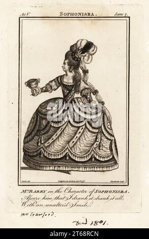 Mme Ann Barry dans le personnage de Sophonisba dans James Thomsons Sophonisba. Cependant, elle n'a pas joué le rôle à Londres. Ann Street, 1734-1801, était une actrice de premier plan du 18e siècle apparaissant comme Mme Dancer, Mme Barry et Mme Crawford. Gravure sur cuivre de J. Thornthwaite d'après une illustration de James Roberts du Bells British Theatre, composée des pièces anglaises les plus appréciées, John Bell, Londres, 1778. Banque D'Images