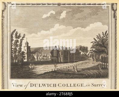 Vue de Dulwich College dans le Surrey. Fondée en 1619 sous le nom de Collège du don de Dieu, l'école de charité pour les pauvres était en déclin à la fin du 18e siècle. Collège à gauche, un vieil homme avec des bâtons de marche, un homme à cheval, et deux personnages sur la pelouse. Gravure sur cuivre d'après John Oliphant de William Thorntons New, Complete and Universal History of the City of London, Alexander Hogg, King's Arms, No. 16 Paternoster Row, Londres, 1784. Banque D'Images