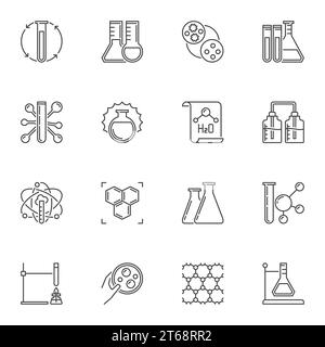 Ensemble vectoriel d'icônes ou de signes de concept de chimie dans le style de contour Illustration de Vecteur