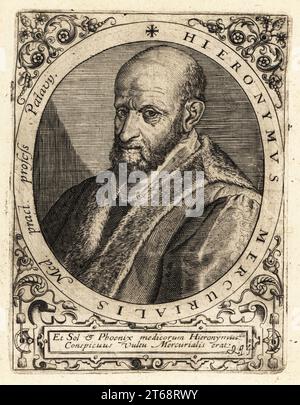 Girolamo Mercuriale, philologue et médecin italien, célèbre pour son œuvre de Arte Gymnastica, 1530-1606. Hieronymus Mercurialis. Gravure sur cuivre de Johann Theodore de Bry de Jean-Jacques Boissards Bibliotheca Chalcographica, Johann Ammonius, Francfort, 1650. Banque D'Images