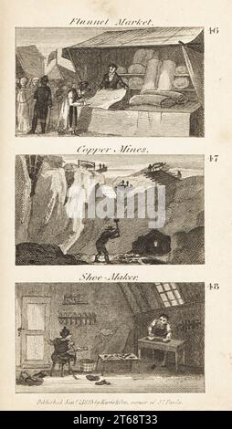 Métiers à Regency England : marché de flanelle, mines de cuivre et fabricant de chaussures. Homme montrant des rouleaux de tissu de flanelle à Welchpool 46, des mineurs creusant du minerai de cuivre à Parys Mine, Anglesea 47, et des cordonniers fabriquant des chaussures en cuir sur des formes à Stafford 48. Gravure sur bois du révérend Isaac Taylors scènes de la richesse britannique, dans Produce, Manufacture and Commerce, John Harris, Londres, 1823. Isaac Taylor était un écrivain, artiste, graveur et inventeur anglais de 1787 à 1865. Banque D'Images