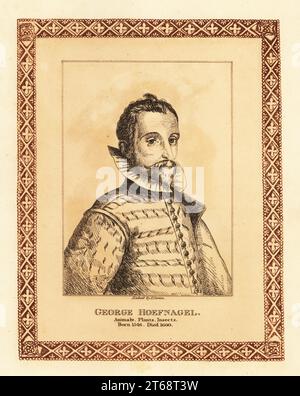 Portrait de Joris Hoefnagel (1542-1601), peintre flamand, graveur, miniaturiste, dessinateur et marchand. Peintre de sujets d'histoire naturelle, vues topographiques, illuminations et œuvres mythologiques. George Hoefnagel, peintre d'animaux, de plantes, d'insectes. Gravure teintée dans une bordure décorative par John Girtin d'après un portrait de Jan Sadeler de John Girtins Seventy-Five Portraits of Celebrated Painters from Authentic Originals, J. MCreery, Londres, 1817. Banque D'Images