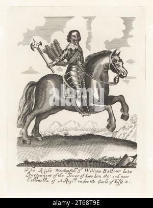 Sir William Balfour de Pitcullo, c.1578 - 1660, soldat professionnel écossais qui a servi dans la guerre de trente ans et en tant que général avec les Roundheads ou les forces parlementaires pendant la guerre civile anglaise. En armure à cheval armé d'une hache. Lieutenant de la Tour de Londres, colonel d'un régiment sous les ordres du comte d'Essex. Extrait de la plaque équestre unique de la copie de Earl Spencer de l'Histoire de la rébellion de Clarendon, 1704. Gravure sur cuivre de Samuel Woodburns Gallery of rare Portraits consistant en plaques originales, George Jones, 102 St Martins Lane, Londres, 1816. Banque D'Images