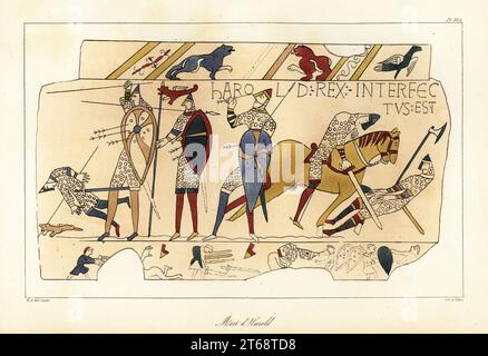 Mort du roi Harold II à la bataille de Hastings. Les soldats anglo-saxons en armure de maille et casques sont frappés par une pluie de flèches. L'un porte la bannière dragon du comte de Wessex. Scène de la Tapisserie de Bayeux représentant la conquête normande 1066. Mort dHarold. Lithographie coloriée à la main par Villain d'après une illustration d'Horace de Viel-Castel tirée de sa Collection des costumes, armes et meubles pour servir à l'histoire de la France, Treuttel & Wurtz, Bossange, 1829. Banque D'Images