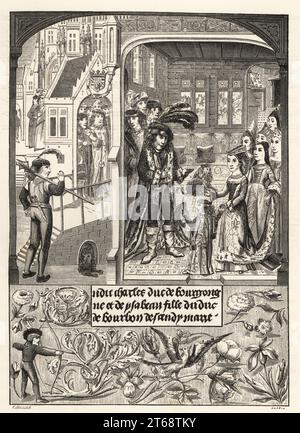L'empereur Maximilien Ier, son épouse Marie de Bourgogne et leur fils Philippe le beau. D'après le manuscrit du 15e siècle chroniques abregées de Bourgogne. Maximilien dAutriche, Marie de Bourgogne sa femme, fille unique de Charles le Temeraire, et leur jeune enfant Philippe le beau, qui a été dans la suite roi de Castille. Gravure sur bois d'Etienne Huyot et Jules Huyot sur Paul Lacroixes la vie militaire et religieuse au Moyen Age et a lEpoque de la Renaissance, la vie militaire et religieuse au Moyen âge et à la Renaissance, Paris, 1873. Banque D'Images