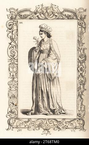 Noble femme de Chine, 16e siècle. Elle porte un bonnet avec des perles et des pierres précieuses dans les cheveux, une longue robe de soie à manches larges, et tient un œillet. Femme noble de Chine. Dans un cadre décoratif gravé par H. Catenacci et Fellmann. Gravure sur bois de Gerard Seguin et E.F. Huyot d'après une gravure sur bois de Christoph Krieger de Cesare Vecellios costumes anciens et modernes du 16e siècle, Habiti antichi et moderni di tutto il mondo, Firman Didot Ferris fils, Paris, 1859-1860. Banque D'Images