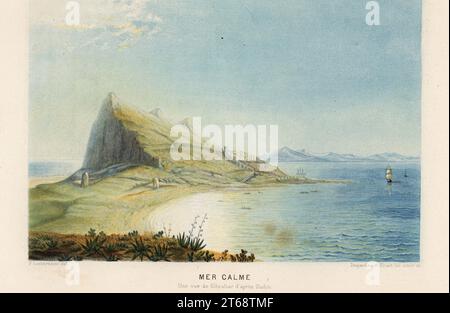 Vue d'une mer calme à Gibraltar sur la Méditerranée par l'artiste marin Theodore Gudin. Mer calme une vue de Gibraltar d'après Gudin. Chromolithographie de Pierre Lackerbauer d'Alfred Fredols le monde de la Mer, le monde de la Mer, édité par Olivier Fredol, Librairie Hachette et. C.E., Paris, 1881. Alfred Fredol était le pseudonyme du zoologiste et botaniste français Alfred Moquin-Tandon, 1804-1863. Banque D'Images