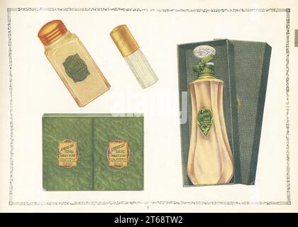 Cosmétiques American Ideal de CPC, 1926. Bouteille de poudre de sachet, flaconette de parfum, bouteille d'eau de toilette ou d'eau de toilette, et boîte de savon de toilette. Chromolithographe par un artiste inconnu du catalogue de produits de la California Perfume Company (plus tard Avon), New York, Kansas, Montréal, 1927. Banque D'Images