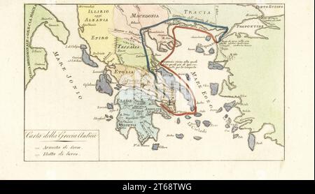 Carte de la Grèce antique. Routes du roi de Perse Xerxès est armée (bleu) et marine (rouge) lors de son invasion ratée de la Grèce 480BC. Carta della Grecia Antica. Gravure sur cuivre colorée à la main de Giulio Ferrarios costumes Ancient and Modern of the Peoples of the World, il Costume Antico e Moderno, Florence, 1842. Banque D'Images