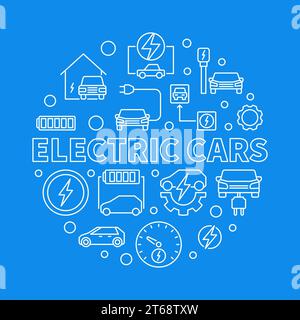 Illustration vectorielle ronde de voitures électriques dans le style de ligne mince sur fond bleu Illustration de Vecteur
