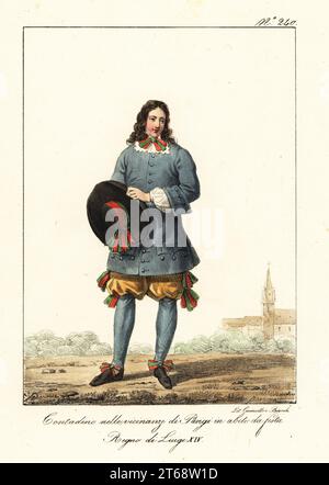 Paysan parisien en costume de fête, 17e siècle. En manteau, culottes, guêtres et chapeau à large bord, tous décorés de rubans rouges et verts. Paysan des environs de Paris, en habit de Fête. Régne de Louis XIV Lithographie coloriée à la main de Lorenzo Bianchi et Domenico Cuciniello d'après Hippolyte Lecomte de Costumi civili e militari della monarchia francese dal 1200 al 1820, Naples, 1825. Édition italienne des costumes civils et militaires Lecomtes de la monarchie française de 1200 à 1820. Banque D'Images