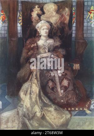 Miss Ellen Terry dans le rôle de la reine Katherine d'Aragon dans Henry VIII de William Shakespeare, dans un costume conçu par Sir Henry Irving pour la production au Lyceum, 1892. Dame Alice Ellen Terry, actrice anglaise de premier plan des époques victorienne et édouardienne, 1847-1928. Photographie de Window and Grove (Frederick Richard Window et William Henry Grove). Impression couleur d'une illustration coloriée à la main d'après une photographie monochrome de George Newness Players of the Day, Londres, 1905. Banque D'Images