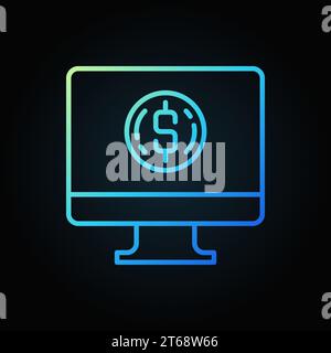 Ordinateur avec icône de contour bleu pièce. Vector PC Money donation signe linéaire coloré sur fond sombre Illustration de Vecteur