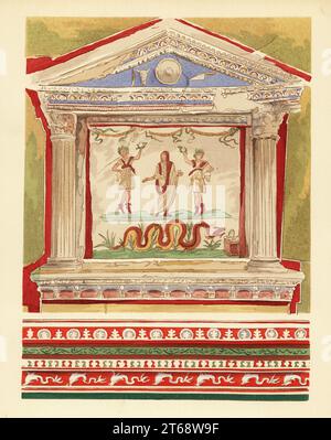 Lararium domestique dans la Maison des Vetti, Pompéi. Serpent sous deux dieux de ménage Lars de chaque côté d'un gardien Genius loci. Quatrième style de Pompeian. Moulage polychrome dans le troisième style (ci-dessous) Lalaire de la maison des Vettii, région VI.15, style quatrième. Moulure polychrome du troisième style. Pochoeur de couleur main (pochoir) lithographie de Pierre Guzman de sa propre Décoration murale a Pompei, (décoration murale à Pompéi), Éditions Albert Morance), Paris, 1924. Banque D'Images