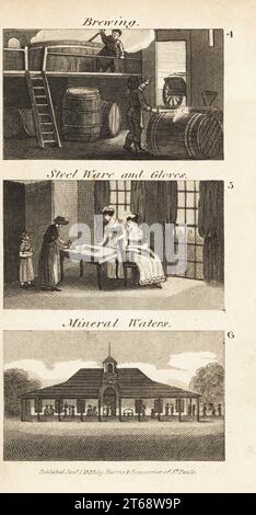 Brassage, articles en acier et gants, et un spa d'eau minérale à Regency England. Les brasseurs remuent des cuves de purée de bière dans une brasserie Reading 4, les femmes achètent des gants à Woodstock 5 et les eaux minérales à Cheltenham spa 6. Gravure sur bois du révérend Isaac Taylors scènes de la richesse britannique, dans Produce, Manufacture and Commerce, John Harris, Londres, 1823. Isaac Taylor était un écrivain, artiste, graveur et inventeur anglais de 1787 à 1865. Banque D'Images