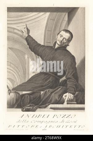 Andrea Pozzo, frère jésuite italien, peintre baroque, architecte, décorateur, scénographe et théoricien de l'art, 1642-1709. Peint le plafond de l'église Saint Ignace de Loyola à Rome. Pittore. Gravure sur plaque de coperplate par Pietro Antonio Pazzi d'après Giovanni Domenico Campiglia après un autoportrait par l'artiste du Museo Florentino de Francesco Moucke, Serie di Ritratti de Pittori (série de Portraits de Peintres) stampia Mouckiana, Florence, 1752-62. Banque D'Images