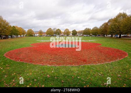 Wooburn Green, Royaume-Uni. 9 novembre 2023. Un magnifique énorme cypher de coquelicot a été peint sur le vert du village à Wooburn Green, Buckinghamshire avant le jour de l'Armistice et le dimanche du souvenir ce week-end avec les mots Wooburn Green We Will Remember. Prenant trois heures pour terminer, le coquelicot de 10 pieds a été conçu et peint par le gardien de sol local et gestionnaire des contrats à Groundtel, Danny Perkins. Les 1st Wooburn Scouts ont également placé 146 croix commémoratives à côté du coquelicot en mémoire des villageois morts pendant la première et la Seconde Guerre mondiale. Crédit : Maureen McLean/Alamy Live News Banque D'Images