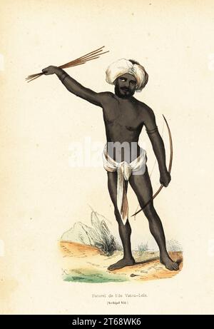 Originaire de l'île de Vatulele, Fidji, Mélanésie. Il porte un turban et un lointain et porte un arc et des flèches. Naturel de lile vatou-Lele (Archipel Viti). Gravure sur bois coloriée par AC et Doms d'Auguste Wahlen Moeurs, usages et costumes de tous les peuples du monde, Librairie Historique-artistique, Bruxelles, 1845. Banque D'Images