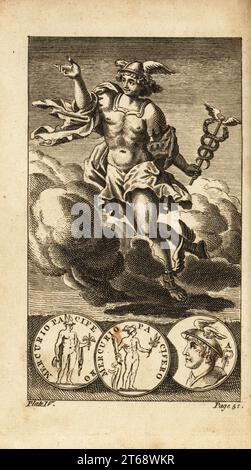 Mercure, messager des dieux romains. Avec casque ailé ou pétasus, cuirasse, sandales ailées, et tenant un caduceus. Gravure sur cuivre d'Andrew Tookes le Panthéon, représentant les fabuleuses histoires des Dieux Heathen, Londres, 1757. Banque D'Images