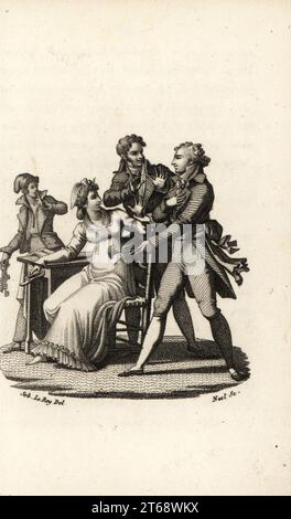 Alexandre Gonsse de Rougeville présente un œillet à Marie-Antoinette devant son gardien Jean-Baptiste Michonis. L'œillet tenait une note avec un complot pour la libérer de la prison de conciergerie. Gravure sur cuivre stipple de Noel d'après une illustration de Sébastien Leroy de Marie Antoinette, Archiduchesse d'Autriche, Reine de France, chez le Fuel, Paris, 1815. Banque D'Images