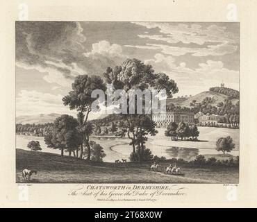Vue sur Chatsworth House, Derbyshire, le siège de William Cavendish, 5th duc de Devonshire. Maison reconstruite de 1687 à 1707, jardins paysagés par Lancelot Capability Brown au 18th siècle. Tour de chasse dans le bois du stand derrière. Gravure sur plaque de coperplate par Michael Angelo Rooker après une illustration par Paul Sandby du magazine Copper plate ou Monthly Treasure, G. Kearsley, Londres, 1 février 1775. Banque D'Images